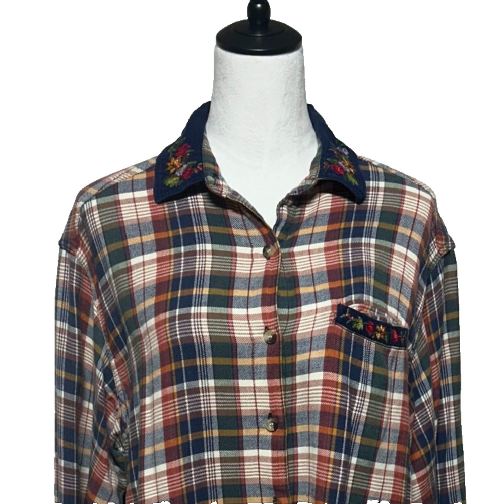Vintage Casey & Max Flannel Shirt‎ Womens XL Plaid Corduroy Collar Cottagecore